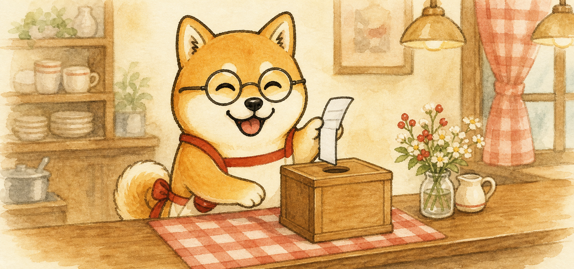 赤柴が木箱からおみくじを引いている水彩イラスト